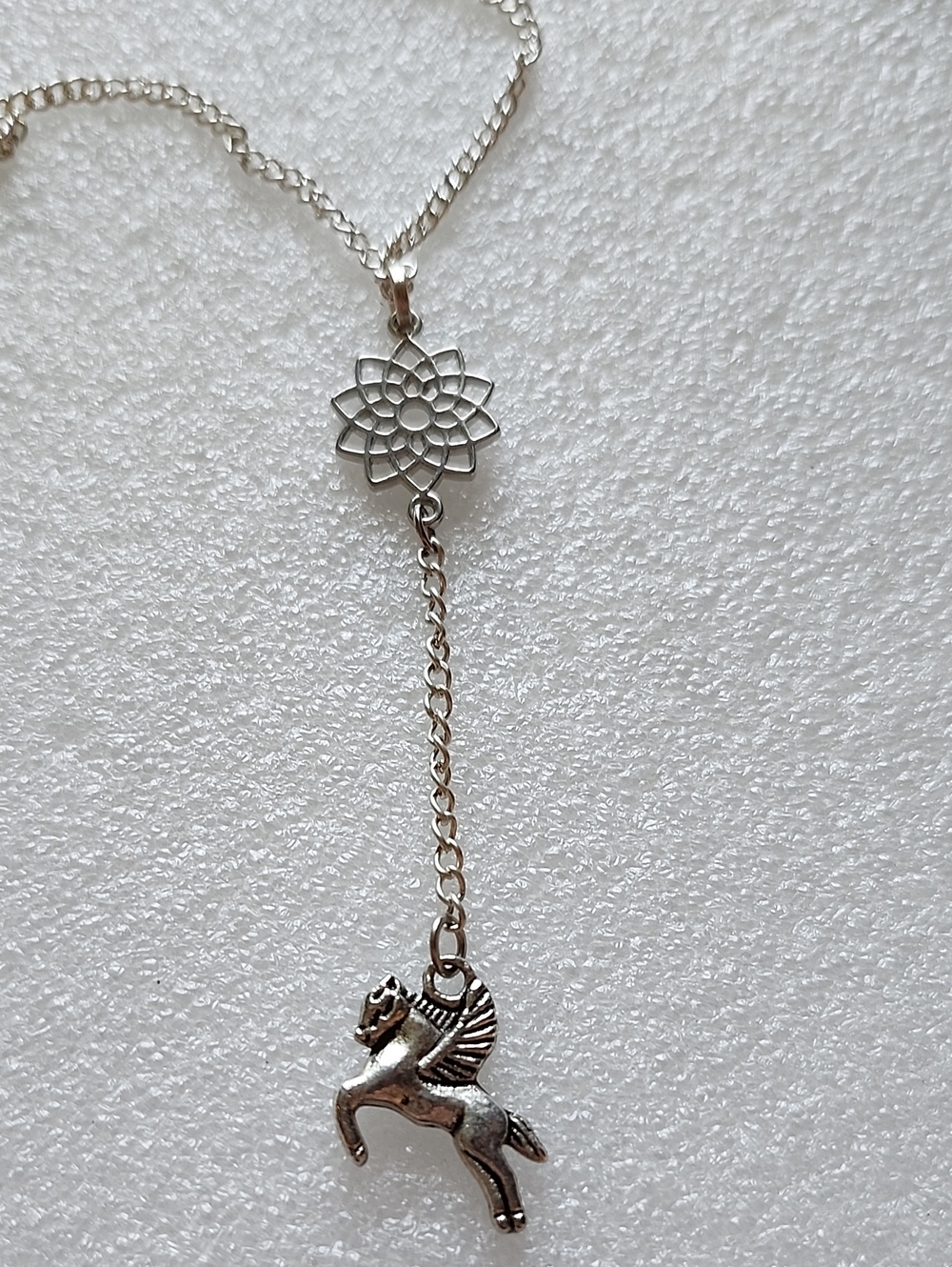 Hand Crafted Silver Floral Connector Pegasus Drop Necklace